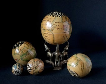 Nesting globes, set of five wooden globes, Age of Discovery, hand painted wooden globes on brass elephant base