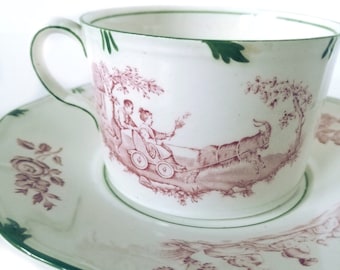 Antique Wedgwood Personages, A7393 Wedgwood Etruria 1920's, VERY LARGE teacup, Mulberry and green trim, mulberry transferware, French teacup