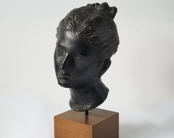 Ancient Greek head of a woman sculpture, faux bronze museum rendered replica, young woman sculpture, Greek goddess, MMA1982