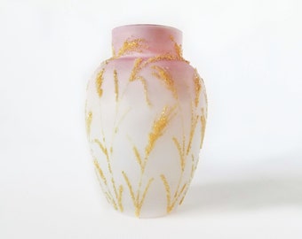 Antique Mt. Washington cased glass wheat vase, antique glass vase, pink and white glass vase, golden wheat