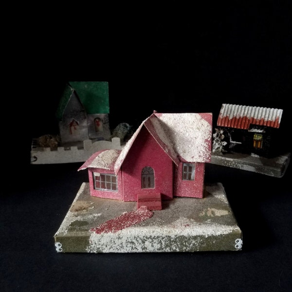 Christmas Putz house, pink house putz, Christmas village, vintage Christmas decor, cardboard house