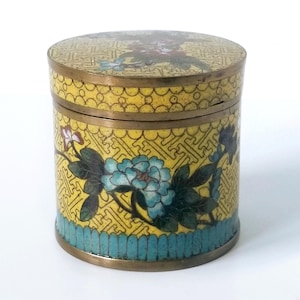 Antique cloisonne canister, floral enamel covered jar, yellow enamel, Antique Asian enamel
