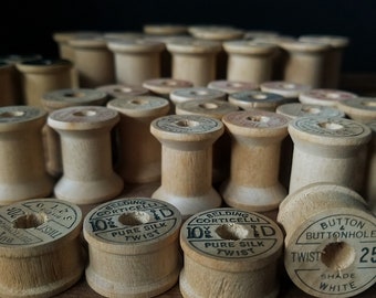 Vintage wooden spools, set of 41 various sizes empty wooden spools, Corticelli empty spools, collection of 41 spools, stamped wooden spools