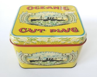 Vintage tobacco tin, Oceanic cut plug Union Made, vintage storage tin, bright yellow tin box, collectible tin box