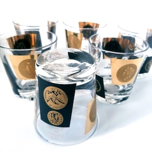 Vintage rock glasses, set of six Cera gold coin glasses, six  ounce shot glasses, vintage barware, black and gold barware, MCM barware