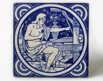 Antique Mintons tile, The Weaver, antique 6" tile, blue and white tile, 1870 tile, John Moyr Smith, design. Stoke on Trent, English tile