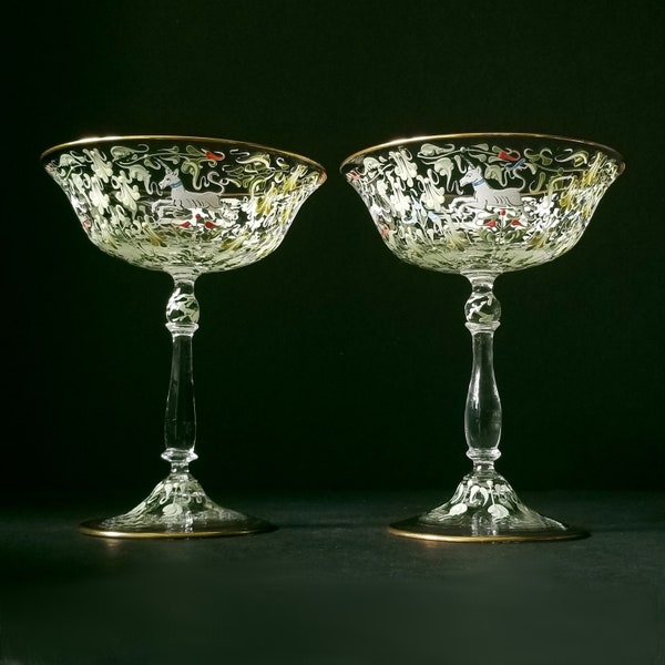 Antique Salviati Moser pair of coupe champagne glasses, hand painted Venetian glass, Canine and foliate glassware, antique champagne glasses