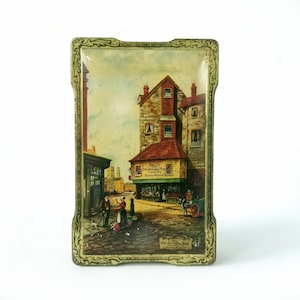 Vintage English candy tin, The old Curiosity shop, Dickens village, Harry Vincent Huntington, vintage tin box, red and gold tin