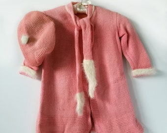 Vintage hand knit child's sweater coat and cap, pink knitted coat, angora trim and buttons