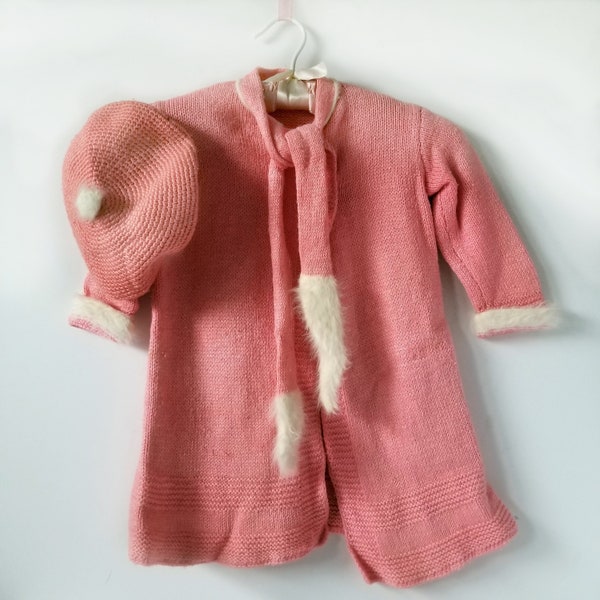Vintage hand knit child's sweater coat and cap, pink knitted coat, angora trim and buttons