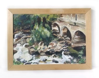 Vintage oil painting, Rushing river, framed oil painting, Rona Poss, Rochester NY