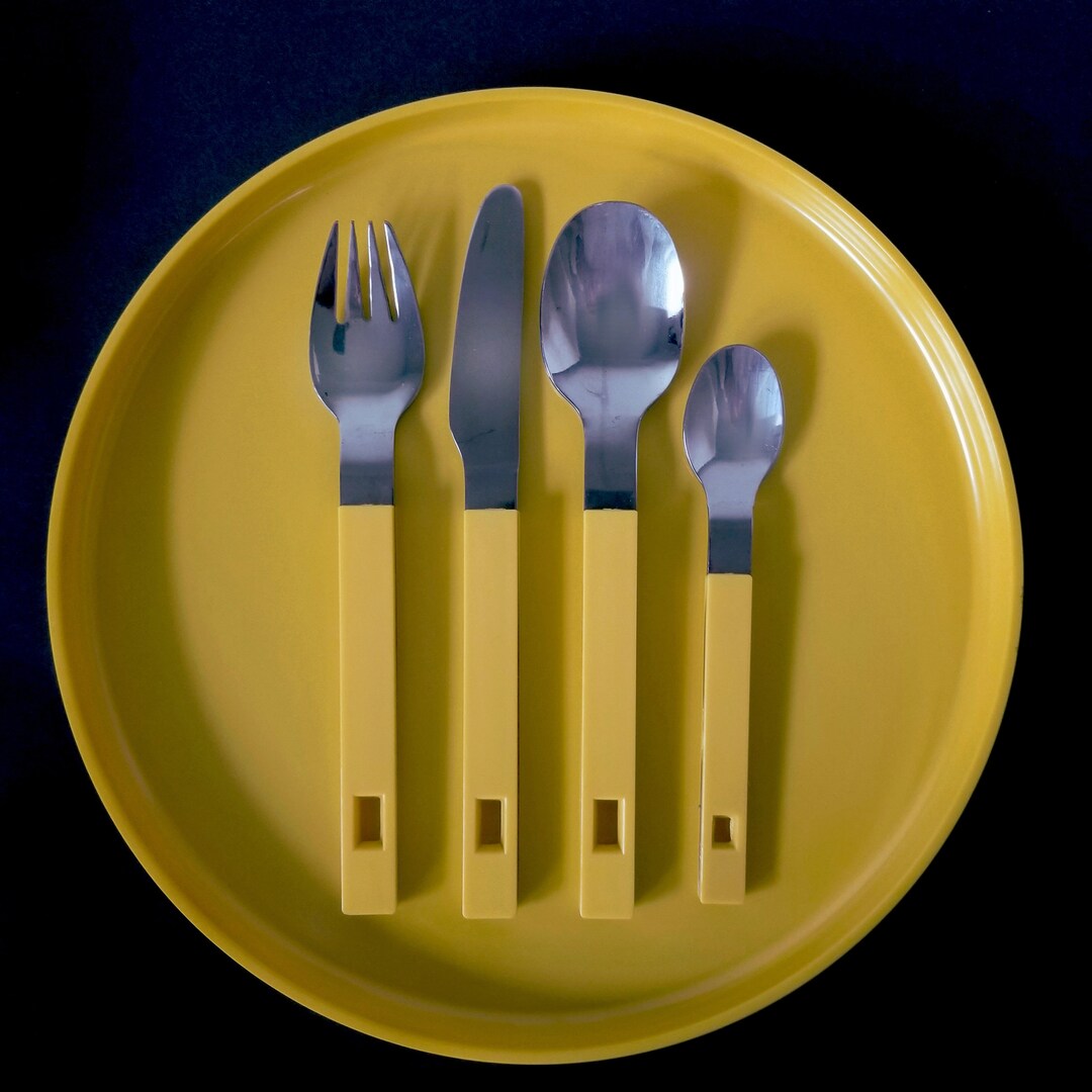 Yellow Flatware, Plastic and Stainless Steel Flatware Set, 1970's NOS