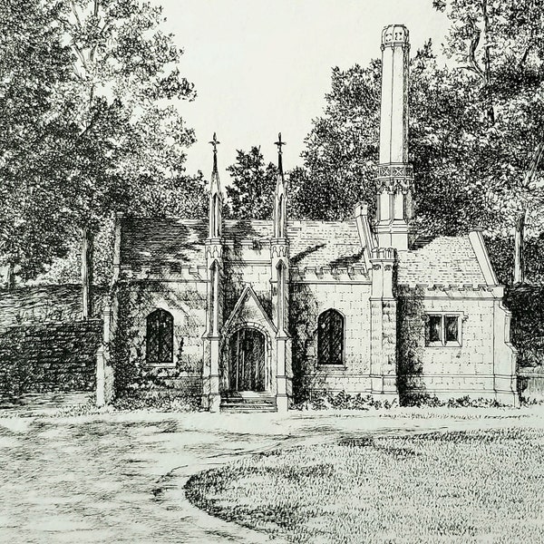 Mount Hope Cemetery print, Chapel and Crematorium gothic architecture, architectural pen and ink drawing, Gothic style