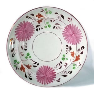 Pink lusterware dessert plate, Dahlia pattern, Charles Allerton & Sons, antique pink lustre ware dish, 7 1/2", Staffordshire plate