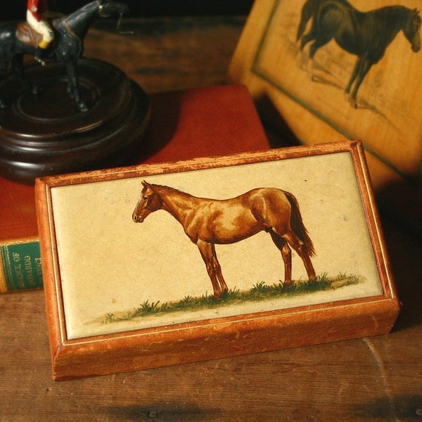 Leather box, Hand painted horse, vintage leather box