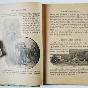 May include: An open book with illustrations of a girl and a dog. The text on the page reads "Maat and Dog Carlo" and "A Funny Little Mother".
