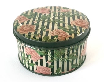 Vintage candy tin, Pink roses, Tindeco tin litho round tin box, tin trinket box, old round tin