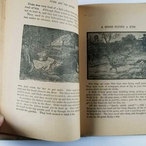 May include: An open book with black and white illustrations. The book is titled "Duke and His Kitten" and "A Goose Flying a Kite". The text describes a kitten playing hide-and-seek with a dog named Duke.