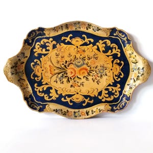 Vintage Florentine style serving tray, paper mache tray Japan, floral tray, blue and orange tray