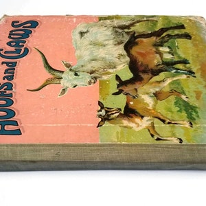May include: A vintage children's book titled "Hoofs and Claws" with a pink cover featuring an illustration of a white goat with horns and two brown goats. The book has a green cloth spine.