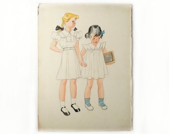 Vintage girls fashion illustration 16" x 20" original illustration, little white dresses