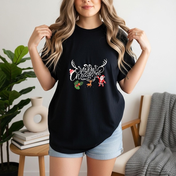 Merry Christmas script tee | T-Shirt, Santa, Reindeer, Holly