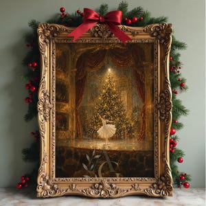 May include: A rectangular painting in an ornate gold frame featuring a ballerina in a white tutu dancing on a stage in front of a large, illuminated Christmas tree. A red ribbon bow is attached to the top of the frame, which is surrounded by pine branches with red berries.