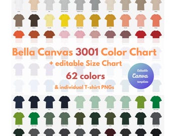 Bella Canvas 3001 Color Chart, 62 tshirt Mockups, Editable Canva Template