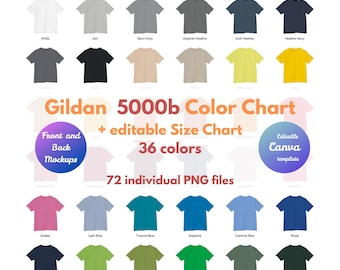 Gildan 5000b Youth Color Chart, Size Chart, 72 Front and Back Mockups