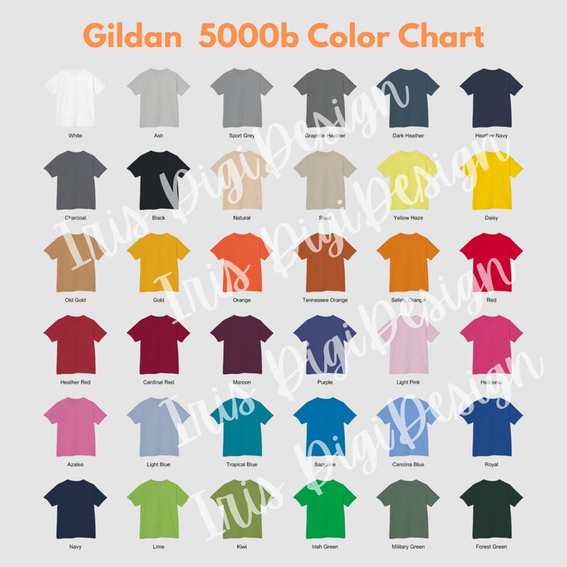 Gildan 5000b Youth Color Chart, Size Chart, 72 Front and Back Mockups ...