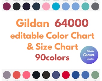 Gildan 64000 Color Chart & Size Chart Bundle, Editable Canva Template