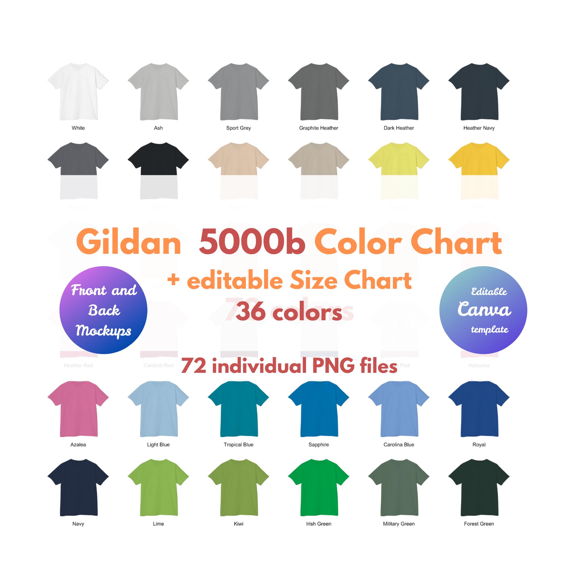 Gildan 5000b Youth Color Chart, Size Chart, 72 Front and Back Mockups ...