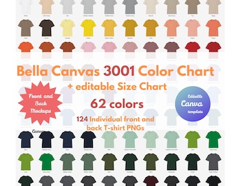 Bella Canvas 3001 Color Chart, 124 t-shirt Mockups, Editable Canva Template