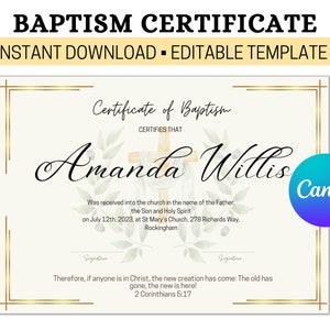 Editable Baptism Template, Baptism Certificate, Personalised Child&#39;s Baptism Keepsake, Personalized Certificate of Baptism