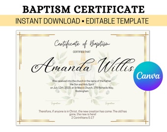 Editable Baptism Template, Baptism Certificate, Personalised Child's Baptism Keepsake, Personalized Certificate of Baptism