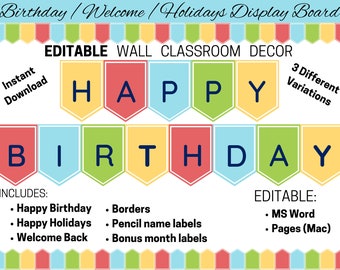 Classroom Bulletin Board Decor, Class Borders, Birthday Bunting, Welcome Sign, End of year Bunting