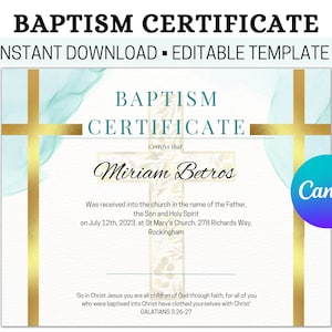 Plantilla de bautismo editable, certificado de bautismo, recuerdo personalizado del bautismo del niño, certificado de bautismo personalizado, bautizo,