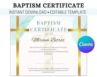 Editable Baptism Template, Baptism Certificate, Personalised Child's Baptism Keepsake, Personalized Certificate of Baptism, Christening,