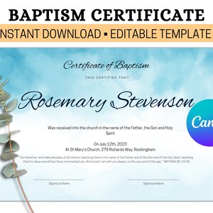 Certificado de Bautismo, Plantilla de Bautismo Editable, Recuerdo de Bautismo Infantil Personalizado, Certificado de Bautismo Personalizado, Bautizo,