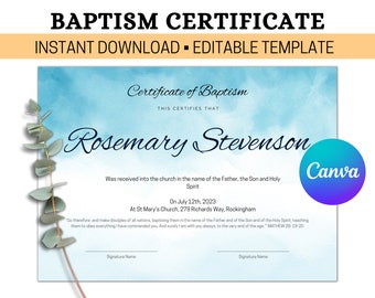 Baptism Certificate, Editable Baptism Template, Personalised Child's Baptism Keepsake, Personalised Certificate of Baptism, Christening,