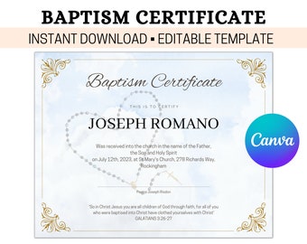 Editable Baptism Template, Baptism Certificate, Personalised Child's Baptism Keepsake, Personalized Certificate of Baptism, Christening