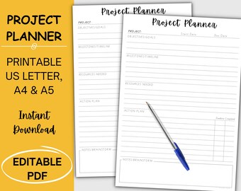 Project Planner, Productivity Planner, Project Timeline, Work Planner, Project Schedule, Editable Project Planner Printable, Student Agenda