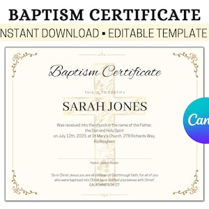 Plantilla de bautismo editable, certificado de bautismo, recuerdo personalizado del bautismo del niño, certificado de bautismo personalizado