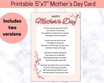 Printable Card For Mom, Card for Mum, Mothers Day Card, Card for Mom, Mothers Day Poem , Happy Birthday Mum, Happy Birthday Mom, Poem Card,