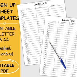 Editable Sign Up Sheet Template, Printable Sign Up Template, Editable Pdf Event Sign Up Template, Sign Up Template Printable