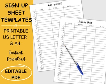 Editable Sign Up Sheet Template, Printable Sign Up Template, Editable Pdf Event Sign Up Template, Sign Up Template Printable