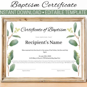 Plantilla de bautismo editable, certificado de bautismo, recuerdo personalizado del bautismo del niño, certificado de bautismo personalizado, bautizo