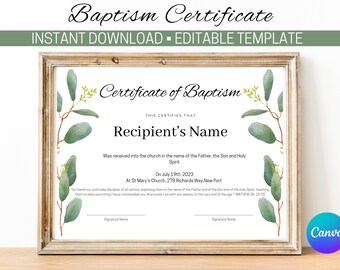 Editable Baptism Template, Baptism Certificate, Personalised Child's Baptism Keepsake, Personalized Certificate of Baptism, Christening