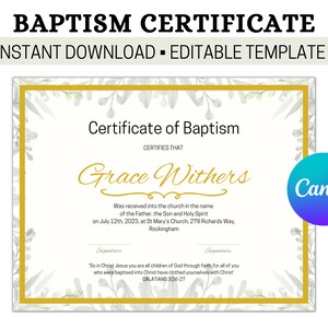 Plantilla de bautismo editable, certificado de bautismo, recuerdo personalizado del bautismo del niño, certificado de bautismo personalizado