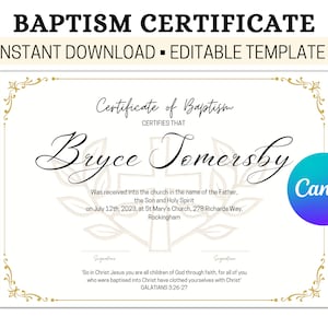 Plantilla de bautismo editable, certificado de bautismo, recuerdo personalizado del bautismo del niño, certificado de bautismo personalizado